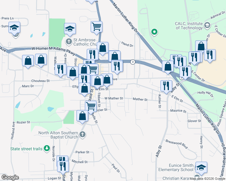 map of restaurants, bars, coffee shops, grocery stores, and more near 219 West Elm Street in Alton