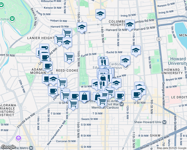 map of restaurants, bars, coffee shops, grocery stores, and more near 1451 Belmont Street Northwest in Washington
