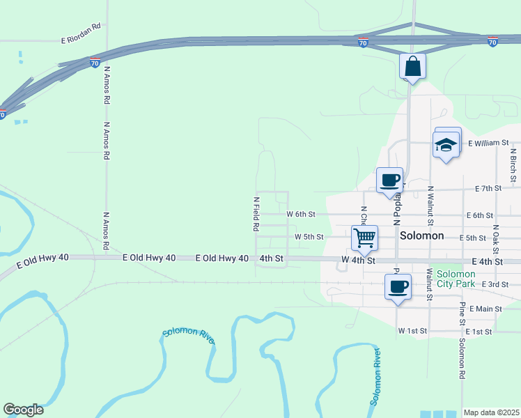 map of restaurants, bars, coffee shops, grocery stores, and more near 206 North Field Road in Solomon