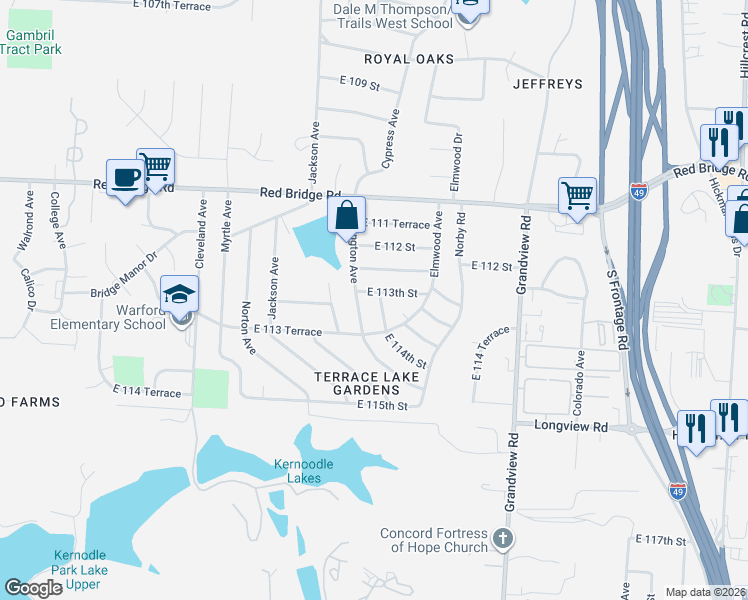 map of restaurants, bars, coffee shops, grocery stores, and more near 11300 Cypress Avenue in Kansas City