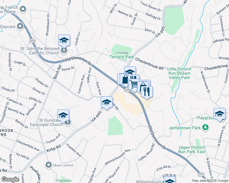 map of restaurants, bars, coffee shops, grocery stores, and more near 1735 Kirby Road in McLean
