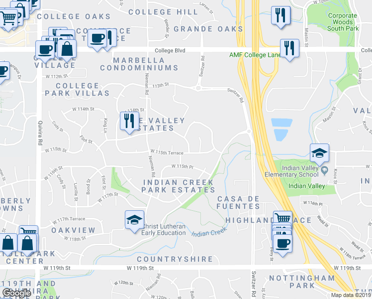 map of restaurants, bars, coffee shops, grocery stores, and more near 10802 West 115th Terrace in Overland Park