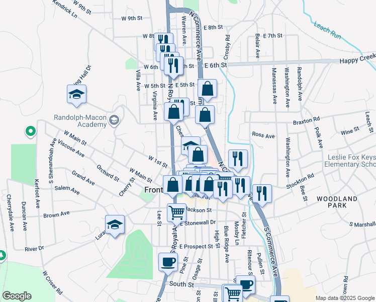 map of restaurants, bars, coffee shops, grocery stores, and more near 140 Chester Street in Front Royal