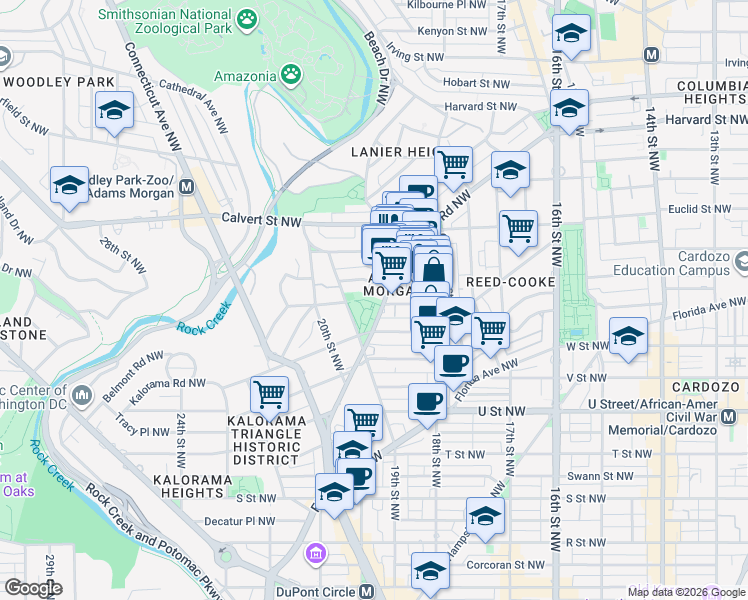 map of restaurants, bars, coffee shops, grocery stores, and more near 1875 Columbia Road Northwest in Washington