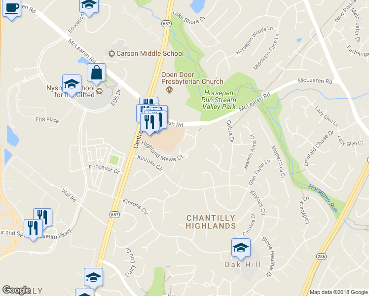 map of restaurants, bars, coffee shops, grocery stores, and more near 3043 Madden Court in Herndon