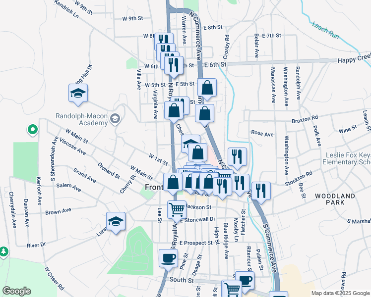 map of restaurants, bars, coffee shops, grocery stores, and more near 140 Chester Street in Front Royal