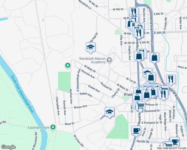 map of restaurants, bars, coffee shops, grocery stores, and more near 411 Viscose Avenue in Front Royal