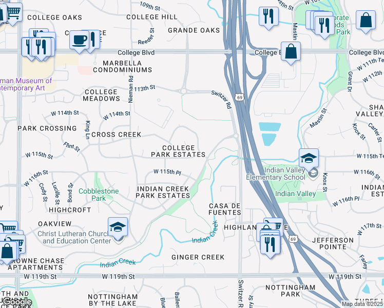 map of restaurants, bars, coffee shops, grocery stores, and more near 10601 West 115th Terrace in Overland Park