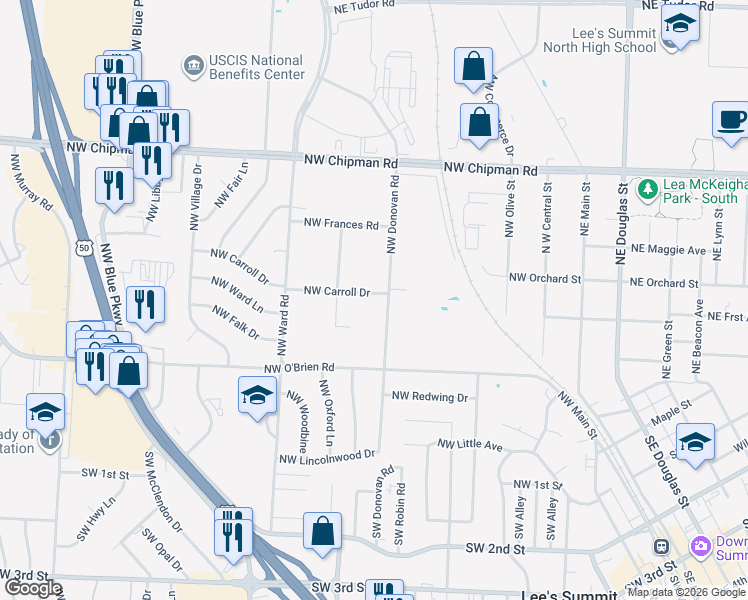 map of restaurants, bars, coffee shops, grocery stores, and more near 413 Northwest Watson Road in Lee's Summit