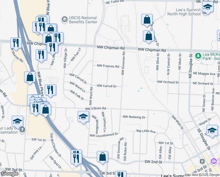 map of restaurants, bars, coffee shops, grocery stores, and more near 413 Northwest Watson Road in Lee's Summit