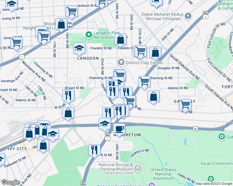 map of restaurants, bars, coffee shops, grocery stores, and more near 2146 24th Place Northeast in Washington