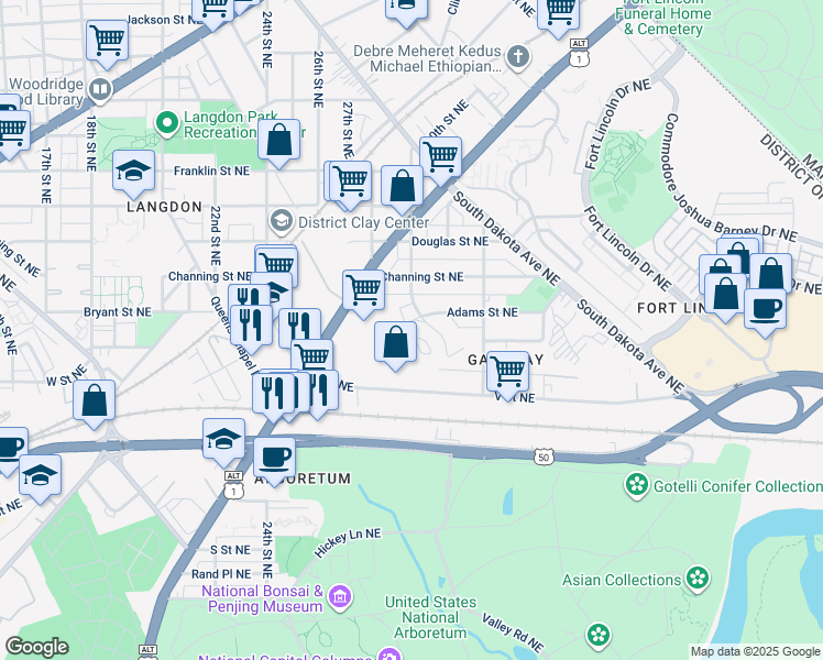 map of restaurants, bars, coffee shops, grocery stores, and more near 2919 Adams Street Northeast in Washington