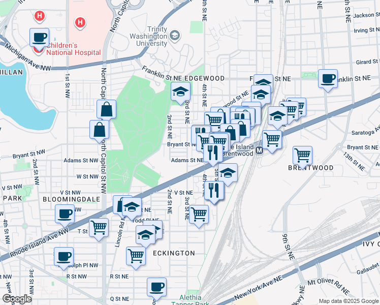 map of restaurants, bars, coffee shops, grocery stores, and more near 2319 3rd Street Northeast in Washington