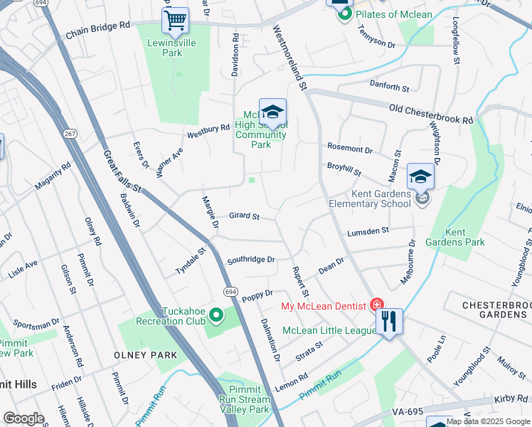 map of restaurants, bars, coffee shops, grocery stores, and more near 6928 Girard Street in McLean