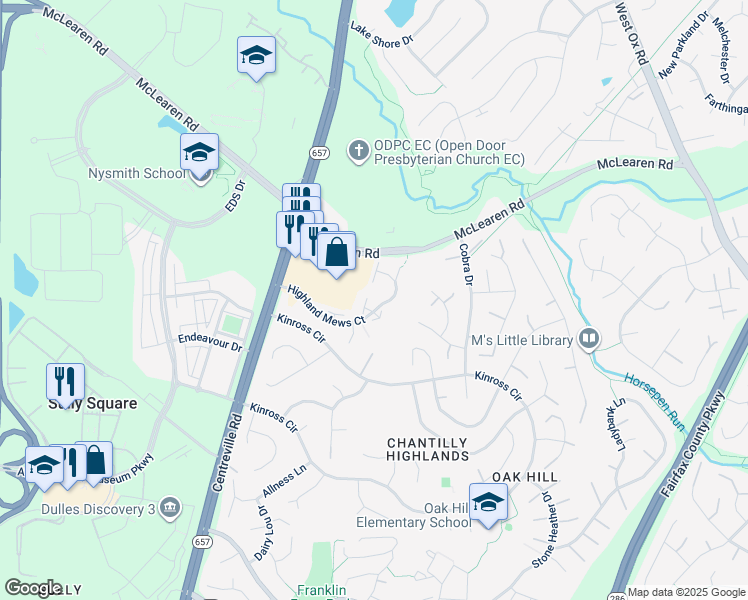 map of restaurants, bars, coffee shops, grocery stores, and more near 3043 Madden Court in Herndon