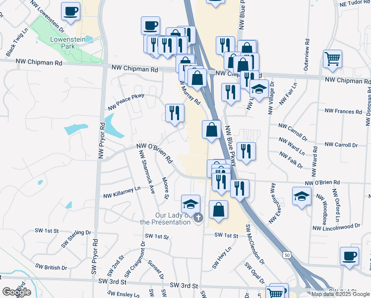 map of restaurants, bars, coffee shops, grocery stores, and more near 512 Northwest Murray Road in Lee's Summit