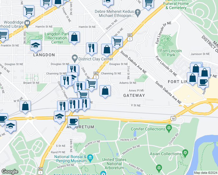 map of restaurants, bars, coffee shops, grocery stores, and more near 2919 Adams Street Northeast in Washington