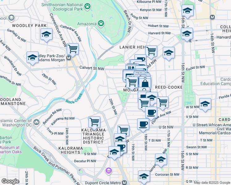 map of restaurants, bars, coffee shops, grocery stores, and more near 1927 Belmont Road Northwest in Washington