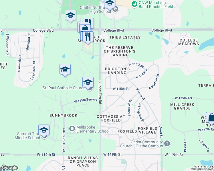 map of restaurants, bars, coffee shops, grocery stores, and more near 11484 South Brownridge Street in Olathe