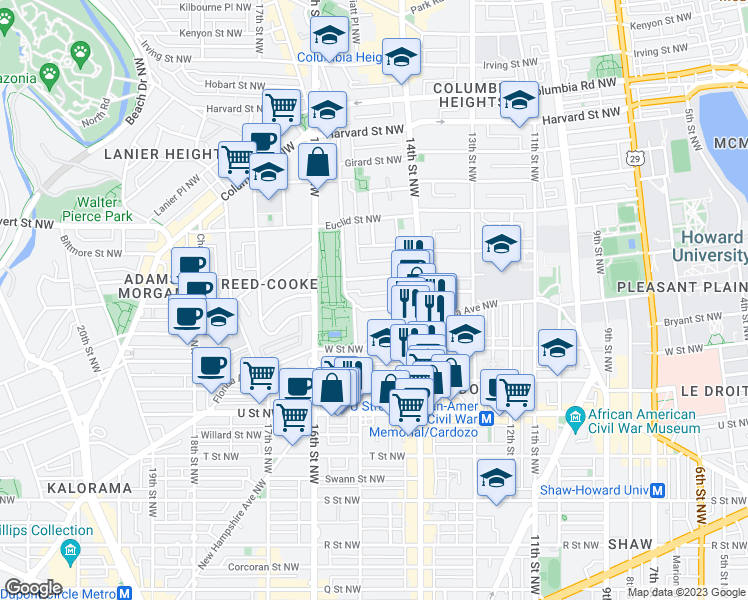 map of restaurants, bars, coffee shops, grocery stores, and more near 1451 Belmont Street Northwest in Washington
