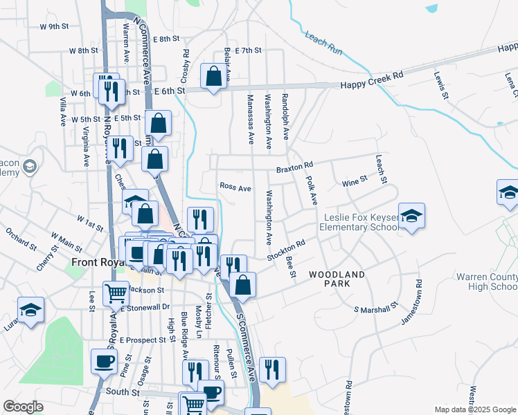 map of restaurants, bars, coffee shops, grocery stores, and more near 213 Manassas Avenue in Front Royal