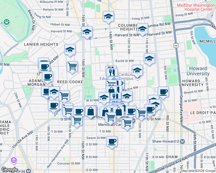 map of restaurants, bars, coffee shops, grocery stores, and more near 1421 Belmont Street Northwest in Washington