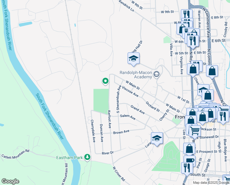 map of restaurants, bars, coffee shops, grocery stores, and more near 109 South Shenandoah Avenue in Front Royal