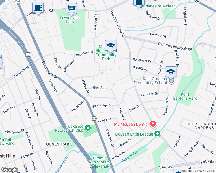 map of restaurants, bars, coffee shops, grocery stores, and more near 6928 Girard Street in McLean