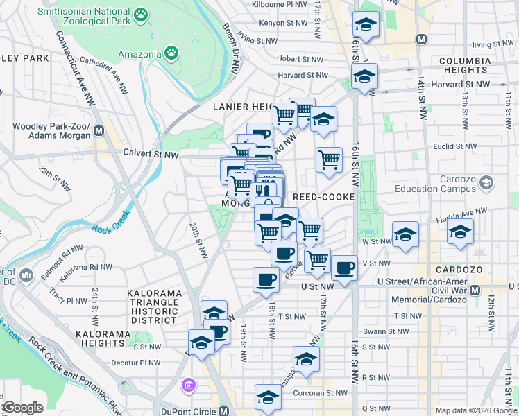 map of restaurants, bars, coffee shops, grocery stores, and more near 1805 Belmont Road Northwest in Washington
