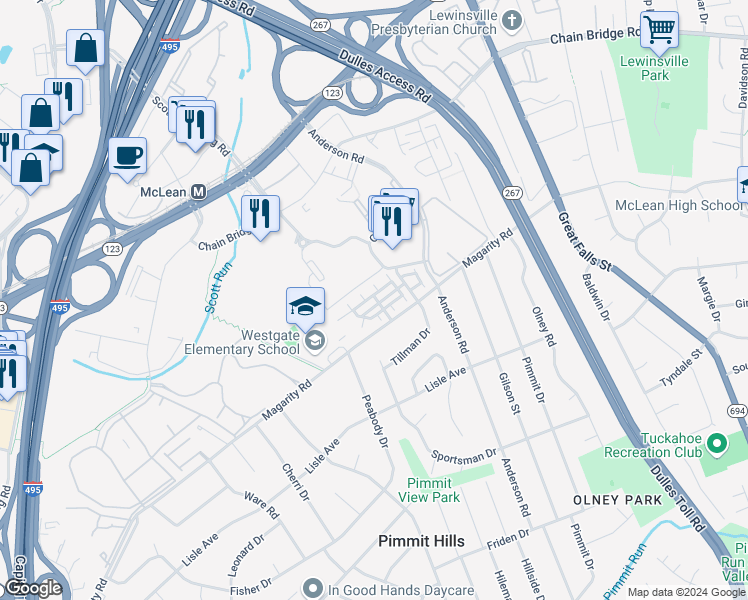 map of restaurants, bars, coffee shops, grocery stores, and more near 7437 Backett Wood Terrace in Tysons