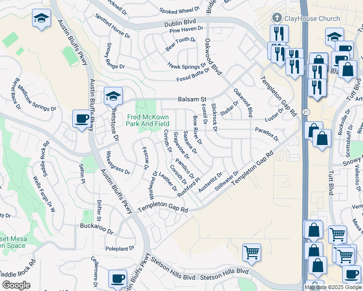 map of restaurants, bars, coffee shops, grocery stores, and more near 5855 Grapevine Drive in Colorado Springs
