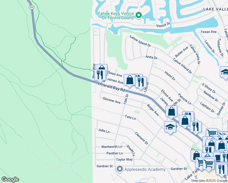 map of restaurants, bars, coffee shops, grocery stores, and more near 596b Roger Avenue in South Lake Tahoe