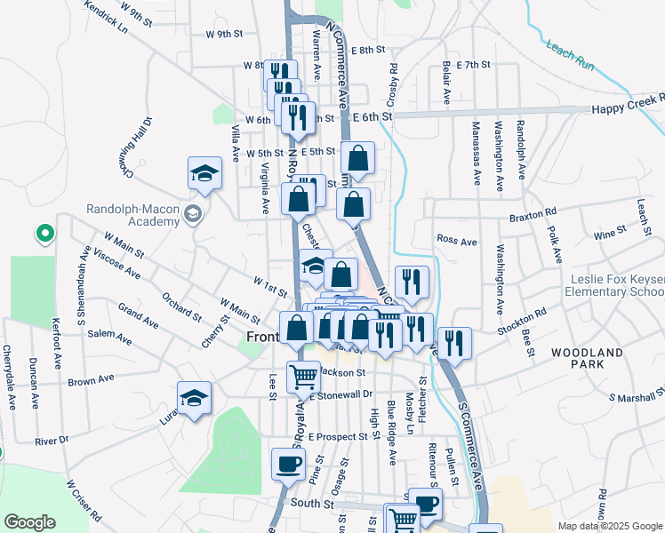 map of restaurants, bars, coffee shops, grocery stores, and more near 123 Chester Street in Front Royal