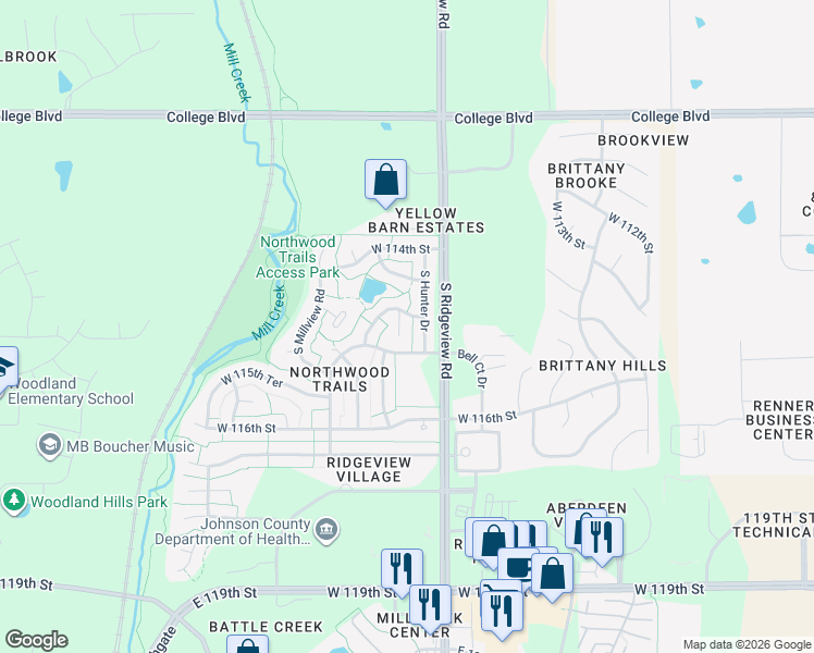 map of restaurants, bars, coffee shops, grocery stores, and more near 11470 South Hunter Drive in Olathe
