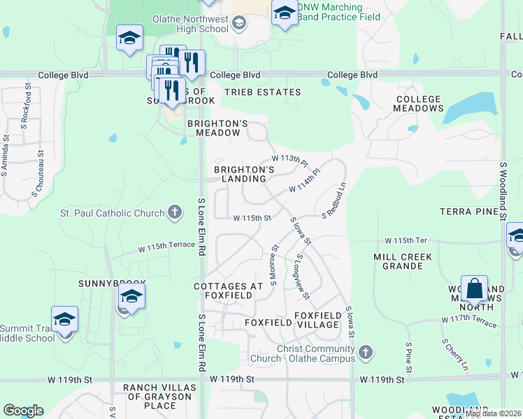 map of restaurants, bars, coffee shops, grocery stores, and more near 21252 West 115th Street in Olathe