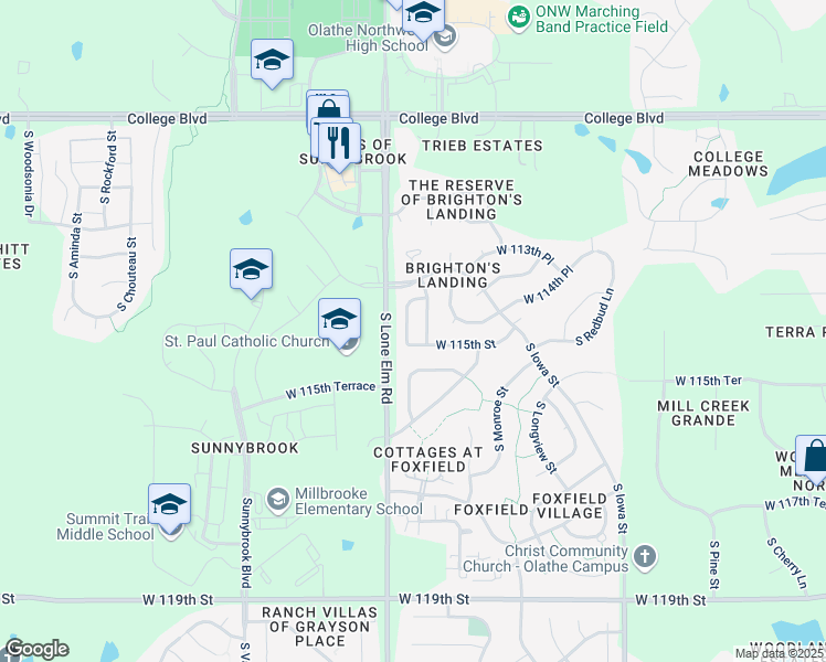 map of restaurants, bars, coffee shops, grocery stores, and more near 11484 South Brownridge Street in Olathe