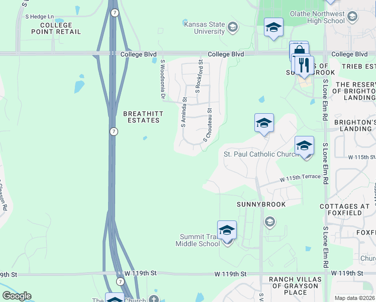 map of restaurants, bars, coffee shops, grocery stores, and more near 11477 South Chouteau Street in Olathe
