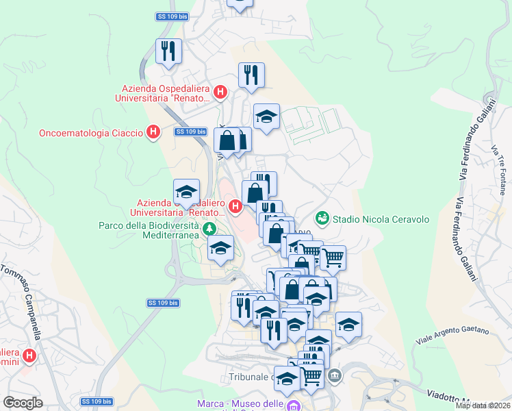 map of restaurants, bars, coffee shops, grocery stores, and more near Via Martiri di Gerace 1847 in Catanzaro
