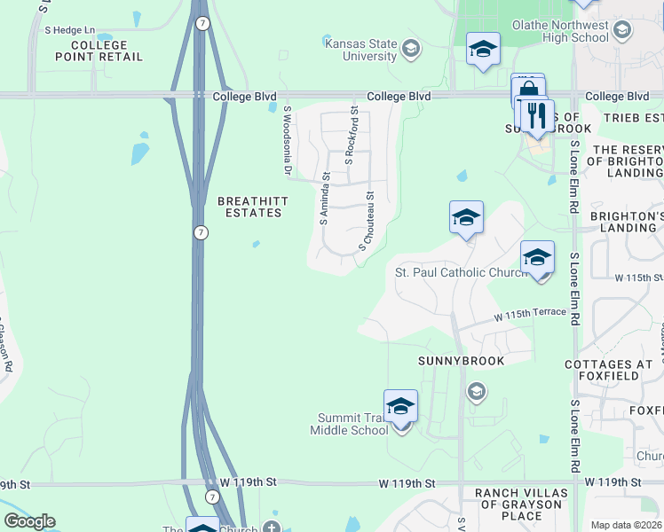 map of restaurants, bars, coffee shops, grocery stores, and more near 11477 South Chouteau Street in Olathe