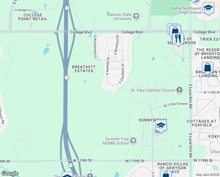 map of restaurants, bars, coffee shops, grocery stores, and more near 11477 South Chouteau Street in Olathe