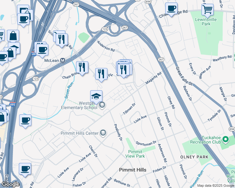 map of restaurants, bars, coffee shops, grocery stores, and more near 7437 Backett Wood Terrace in Tysons
