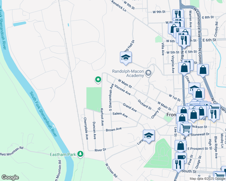 map of restaurants, bars, coffee shops, grocery stores, and more near 110 South Shenandoah Avenue in Front Royal