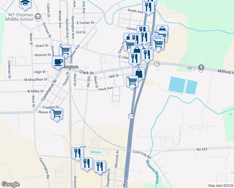 map of restaurants, bars, coffee shops, grocery stores, and more near 35 Diamond Court in Harrington