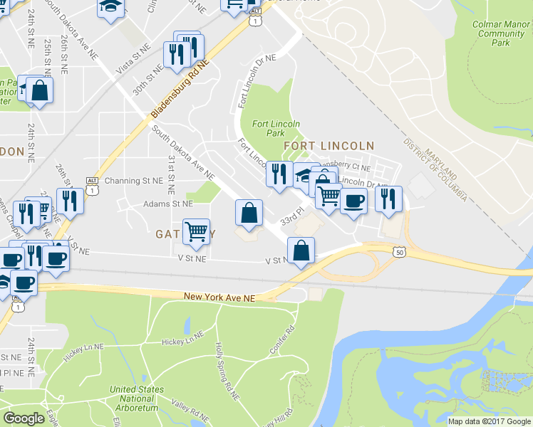 map of restaurants, bars, coffee shops, grocery stores, and more near 3312 Theodore R Hagans Drive Northeast in Washington