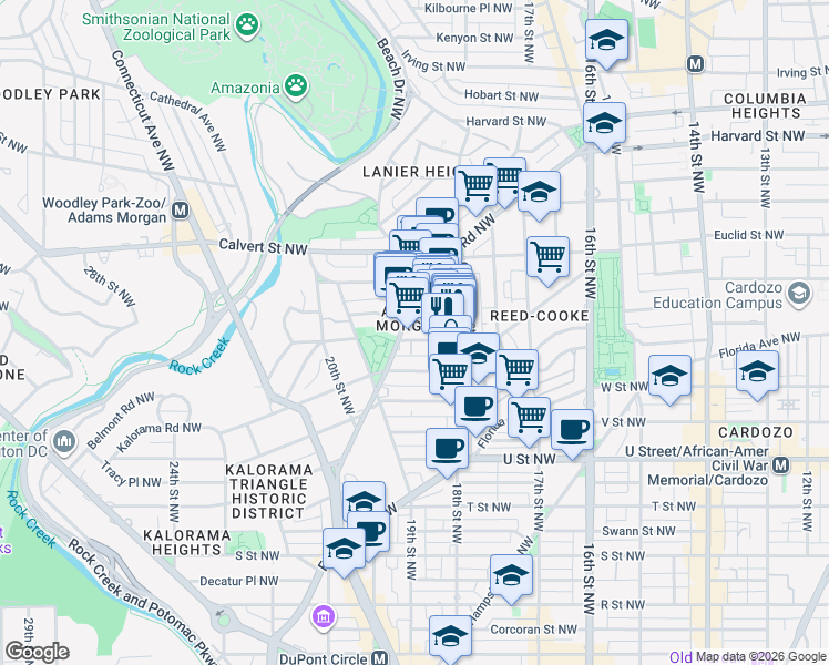 map of restaurants, bars, coffee shops, grocery stores, and more near 1831 Belmont Road Northwest in Washington