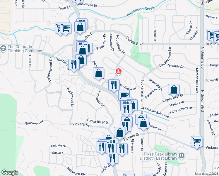 map of restaurants, bars, coffee shops, grocery stores, and more near 6062 Hollow Tree Court in Colorado Springs