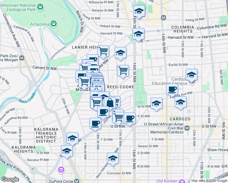 map of restaurants, bars, coffee shops, grocery stores, and more near 1724 Kalorama Road Northwest in Washington