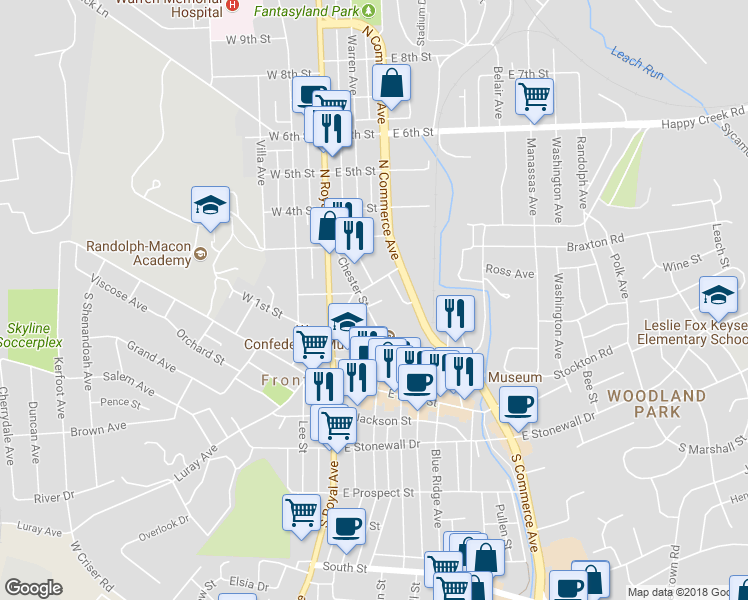 map of restaurants, bars, coffee shops, grocery stores, and more near 135 Chester Street in Front Royal