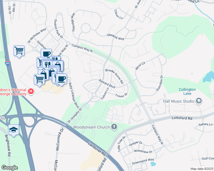 map of restaurants, bars, coffee shops, grocery stores, and more near 2210 Tulson Lane in Bowie