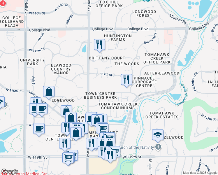 map of restaurants, bars, coffee shops, grocery stores, and more near 4400 West 115th Street in Leawood